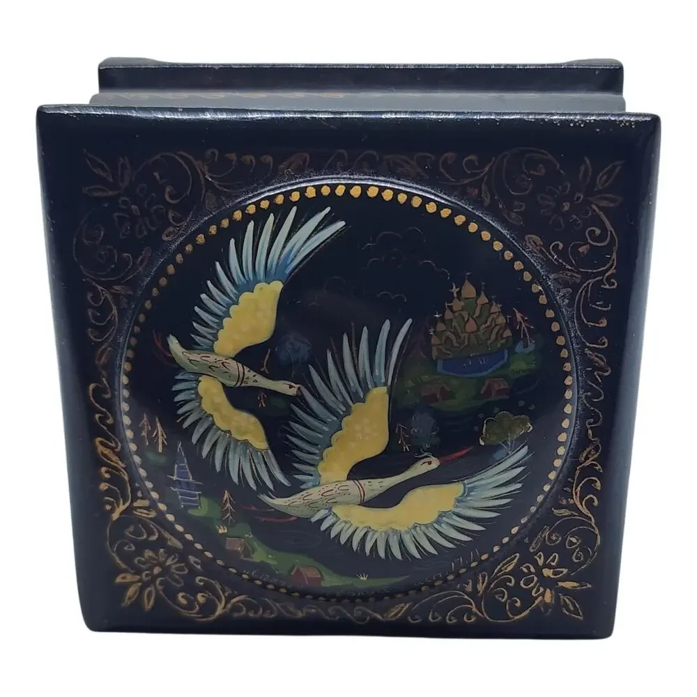 Vintage Russian Black Lacquer Trinket Box Birds Hand Painted Cranes Gold Leaf